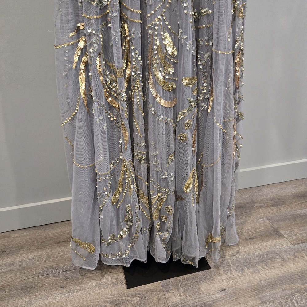NWT Mac Duggal PLATINUM GOLD LONG SLEEVE EMBELLISHED ILLUSION GOWN… - Picture 11 of 12